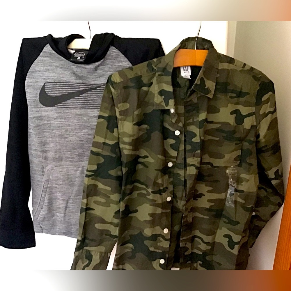Children’s Hoodie (Nike size M) & Button down Fatigue shirt ( Gap size Medium)